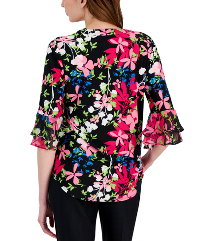 Shop Kasper Women's Printed Split-neck Flutter-sleeve Tunic In Black,pink Perfection Mlt