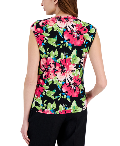 Shop Kasper Women's Floral Print Cowlneck Sleeveless Top In Black,pink Perfection Mlt