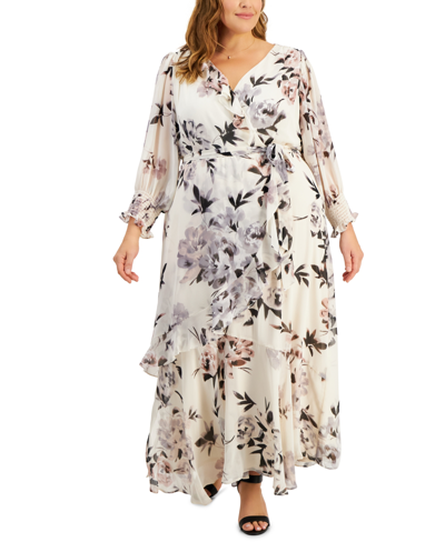 Shop Taylor Plus Size V-neck Chiffon Long-sleeve Maxi Dress In Sand True Blush