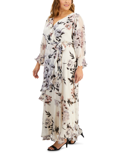 Shop Taylor Plus Size V-neck Chiffon Long-sleeve Maxi Dress In Sand True Blush