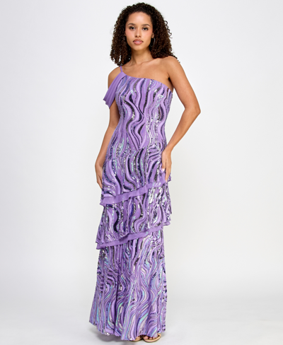Shop Morgan & Company Juniors' Sequin Embellished Tiered Asymmetric Gown In Lavender