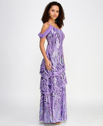 Shop Morgan & Company Juniors' Sequin Embellished Tiered Asymmetric Gown In Lavender