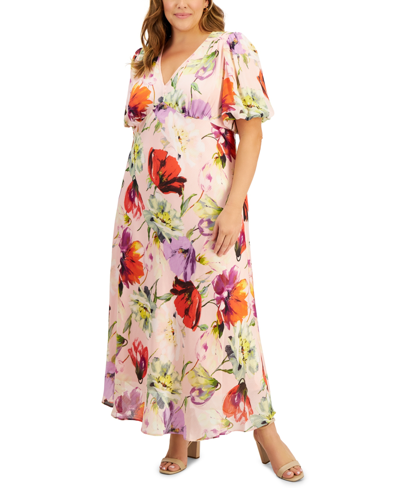 Shop Taylor Plus Size Satin V-neck Short-sleeve Maxi Dress In Flamingo Pink
