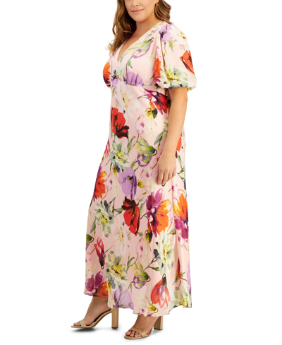 Shop Taylor Plus Size Satin V-neck Short-sleeve Maxi Dress In Flamingo Pink