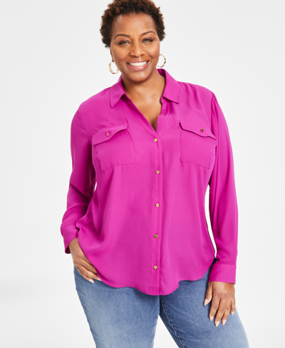 Shop Inc International Concepts Plus Size Long-sleeve Button-front Blouse, Created For Macy's In Violet Orchid