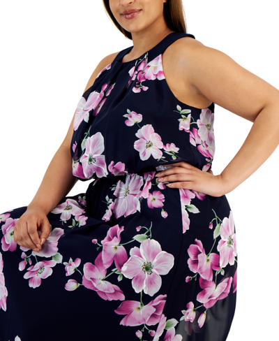 Shop Robbie Bee Plus Size Floral-print Halterneck Maxi Dress In Navy,orchid