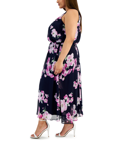 Shop Robbie Bee Plus Size Floral-print Halterneck Maxi Dress In Navy,orchid
