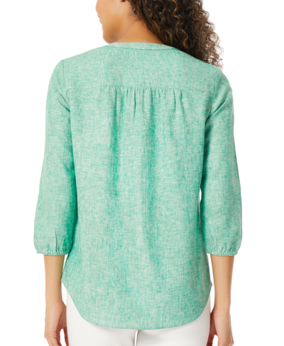 Shop Jones New York Women's Shirred-shoulder V-neck Tunic Linen Top In Kelly Green,nyc White