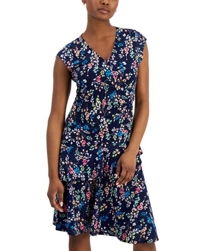 Shop Robbie Bee Petite Floral Print Tiered Fit & Flare Dress In Navy Multi