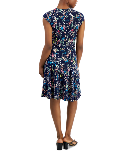 Shop Robbie Bee Petite Floral Print Tiered Fit & Flare Dress In Navy Multi
