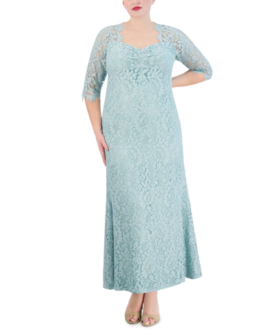 Shop Eliza J Plus Size Lace 3/4-sleeve Gown In Sage