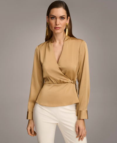 Shop Donna Karan Women's Faux-wrap Long-sleeve Blouse In Fawn