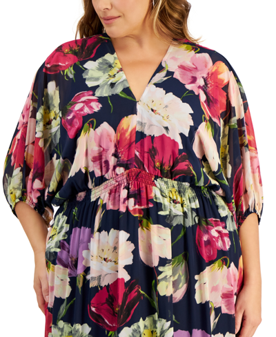 Shop Taylor Plus Size V-neck Chiffon Elbow-sleeve Maxi Dress In Navy Lilac