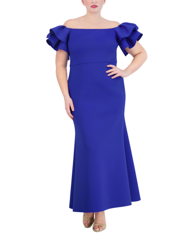 Shop Eliza J Plus Size Off-the-shoulder Ruffle-sleeve Gown In Cobalt