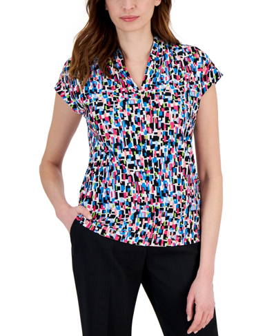 Shop Kasper Women's Printed V-neck Short-sleeve Top In Vanilla Ice,riveria Multi