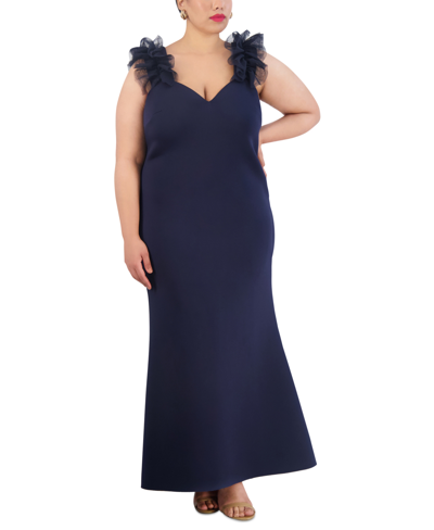 Shop Eliza J Plus Size Tulle-strap Sweetheart-neck Gown In Navy