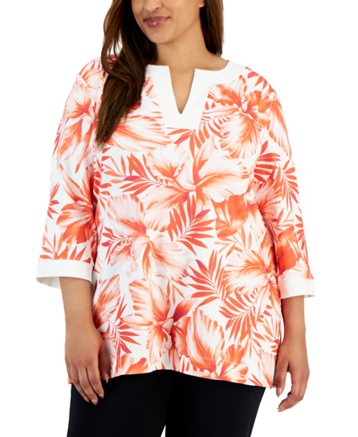 Shop Anne Klein Plus Size Printed 3/4-sleeve V-neck Top In Bright White,vivid Orange Multi