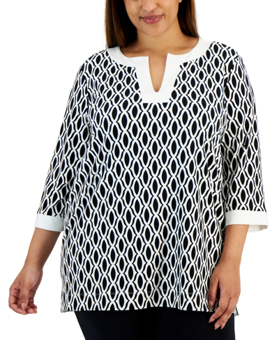 Shop Anne Klein Plus Size Printed Athluxe Split-neck 3/4-sleeve Tunic Top In Anne Black,bright White