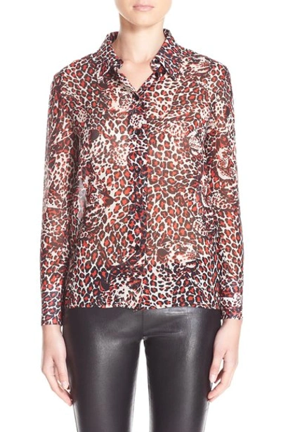 Saint Laurent Jaguar Print Silk Georgette Blouse In Shell Rouge & Noir