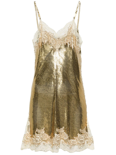 Shop Rabanne Gold-tone Lace-trim Chainmail Mini Dress