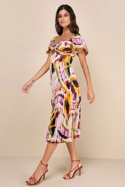 Lulus Authentically Yours Cream Multi Abstract Print Satin Midi Dress In Cream Multi