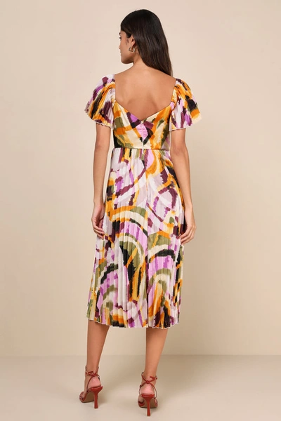 Lulus Authentically Yours Cream Multi Abstract Print Satin Midi Dress In Cream Multi