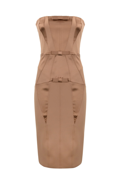 Shop Elisabetta Franchi Crepe Dress With Satin Bows In Nudo