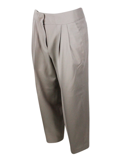 Shop Fabiana Filippi Wide Trousers With Pences And Welt Pockets In Soft Stretch Wool In Nut