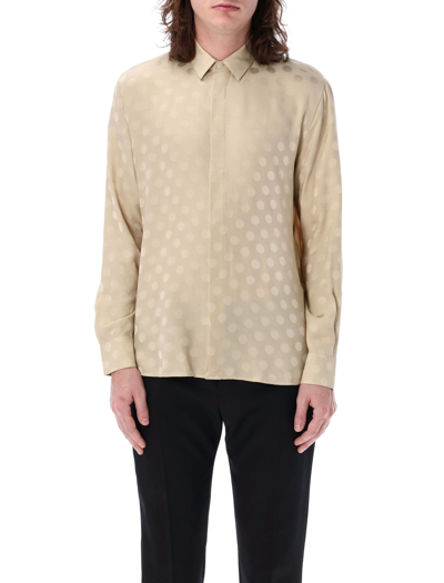 Shop Saint Laurent Shirt In Dotted Shiny And Matte Silk In Crema