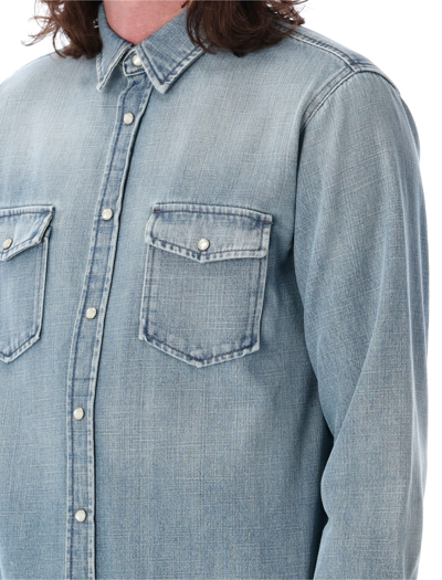 Shop Saint Laurent Oversized Snap-button Shirt In Light Japanese Blue