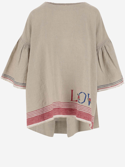 Shop Péro Oversized Linen Blouse With Embroidery In Beige