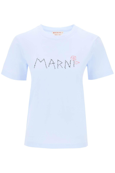 Shop Marni Hand-embroidered Logo T-shirt In Light Blue