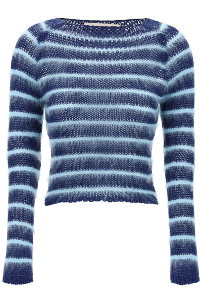 Shop Marni Striped Cotton And Mohair Pullover In Blue,light Blue