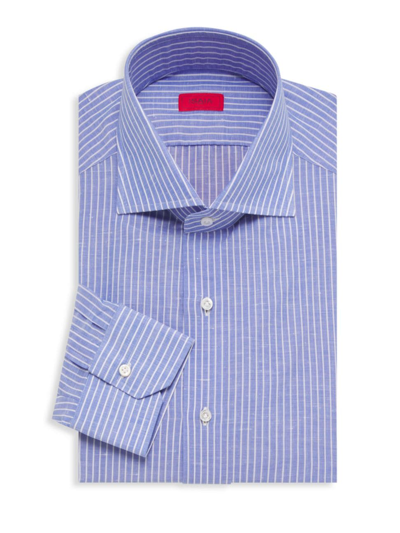 Shop Isaia Men's Striped Linen-blend Button-up Dress Shirt In Blue White