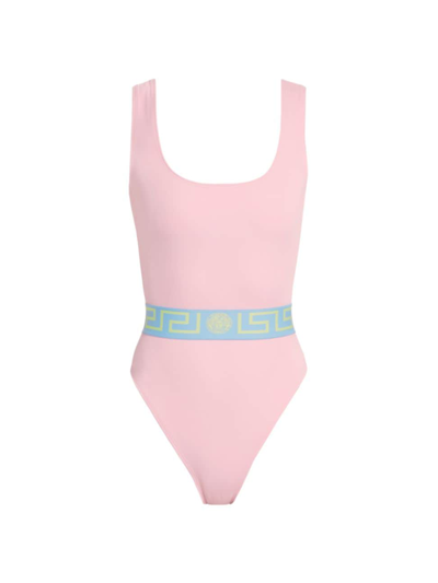 Shop Versace Women's Greek Key Belt One-piece Swimsuit In Pastel Pink Pastel Blue Mint