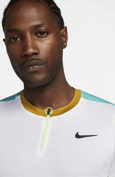Shop Nike Court Dri-fit Advantage Tennis Half Zip Short Sleeve Top In White/ Teal/ Bronzine/ Black