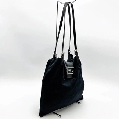 Shop Fendi Mamma Baguette Navy Canvas Shoulder Bag ()