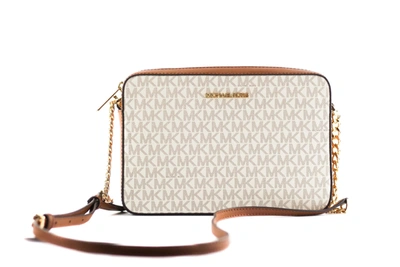 Shop Michael Kors Jet Set Large East West Saffiano Leather Crossbody Bag Handbag (vanilla Women's Signatu In Ivory