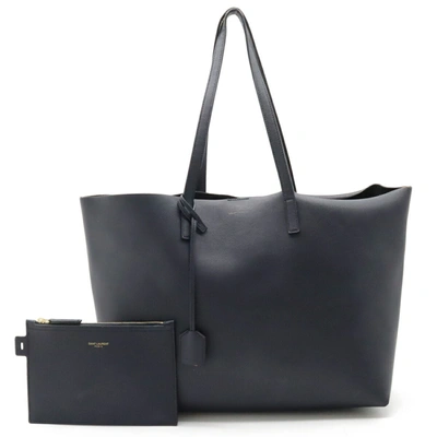 Shop Saint Laurent Shopping Navy Leather Tote Bag ()