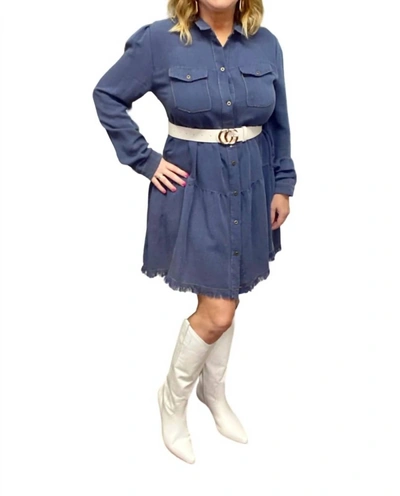 Shop Umgee Button Front Collared Tiered Ruffle Dress With Frayed Hem In Navy In Blue