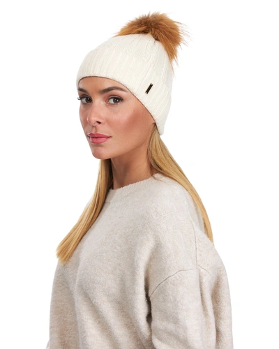 Shop Gorski Knit Hat With Fox Pompom In Beige