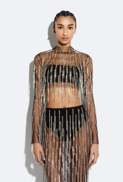 Shop Lapointe Mesh Diamond Fringe Cropped Top In Black