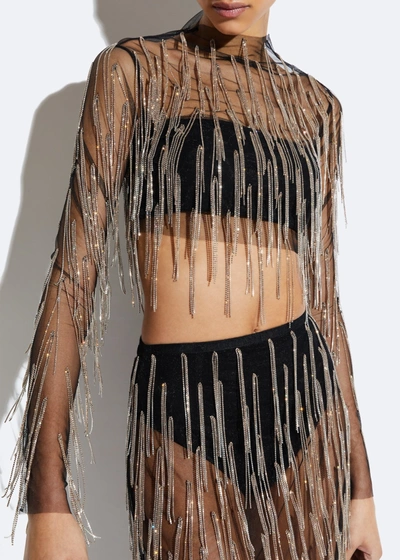 Shop Lapointe Mesh Diamond Fringe Cropped Top In Black