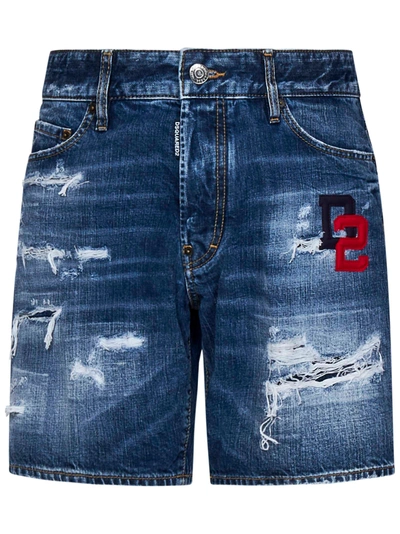 Shop Dsquared2 Dark Ripped Wash Marine Shorts In Blu