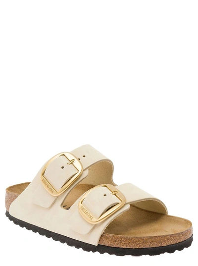 Shop Birkenstock 'arizona' Beige Slip-on Sandals With Engraved Logo In Leather And Cork Woman
