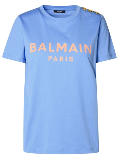 Shop Balmain Light Blue Cotton T-shirt