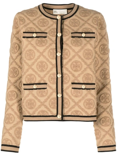 Shop Tory Burch Monogram Motif Cardigan In Beige