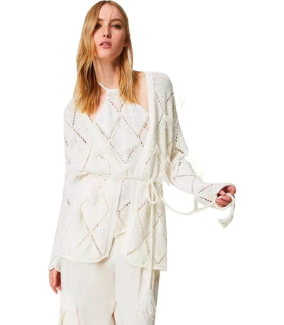 Shop Twinset Off-white Cardigan With Feathers