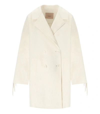 Shop Twinset Off-white Fringed Coat