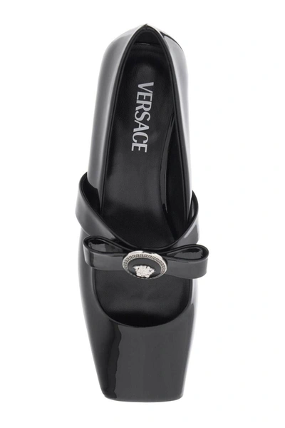 Shop Versace Open-toe Ballet Flats In Gianni Ribbon In Black